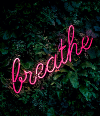  breathe neon sign on grass wall