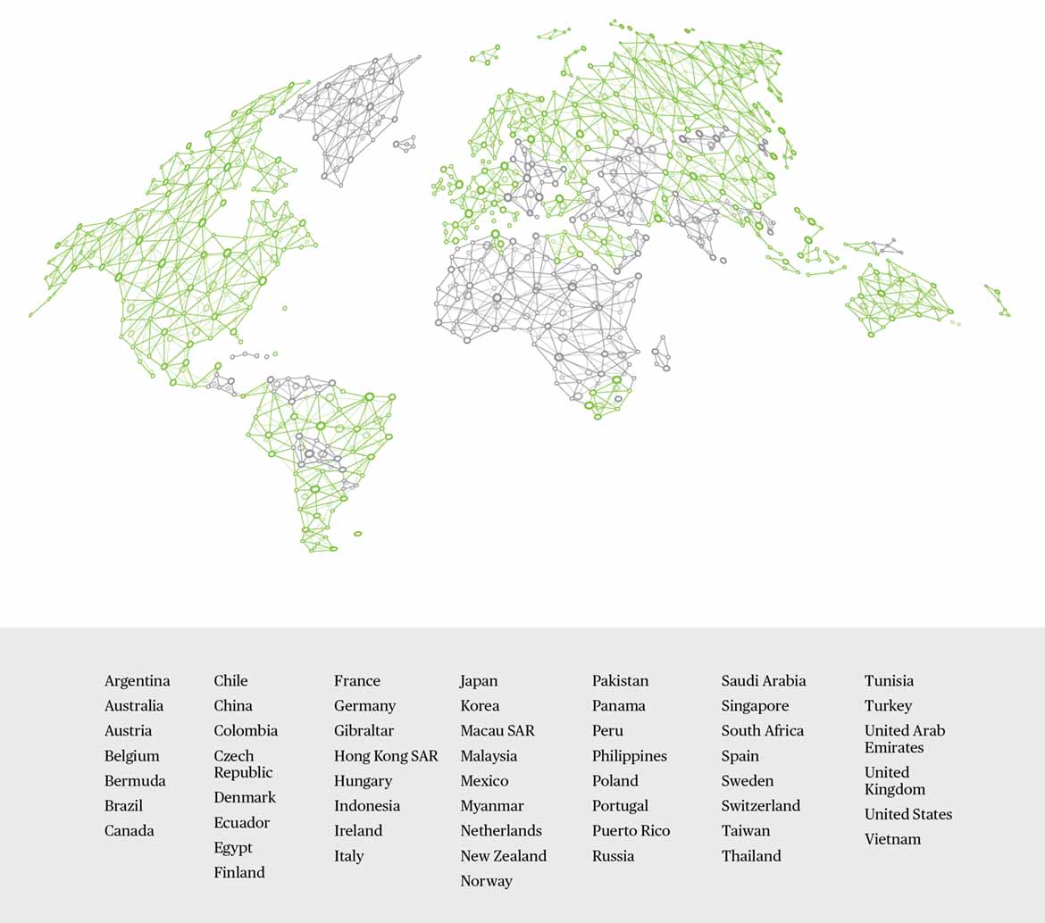 map with pinpoints showing our 54 country and territory locations